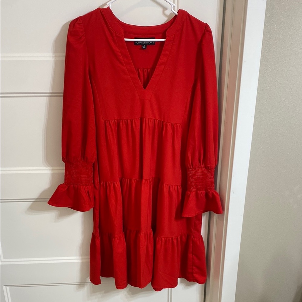 Pomander Place Bright Red V-Neck Tiered Long Sleeve Dress